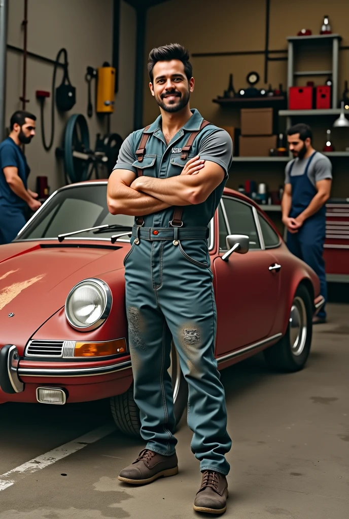 a brunette tall, latino, man in mechanic outfit, standing next to classic porsche, smiling to camera and he cuddles his head with left hand, old garage background and two mechanic employers