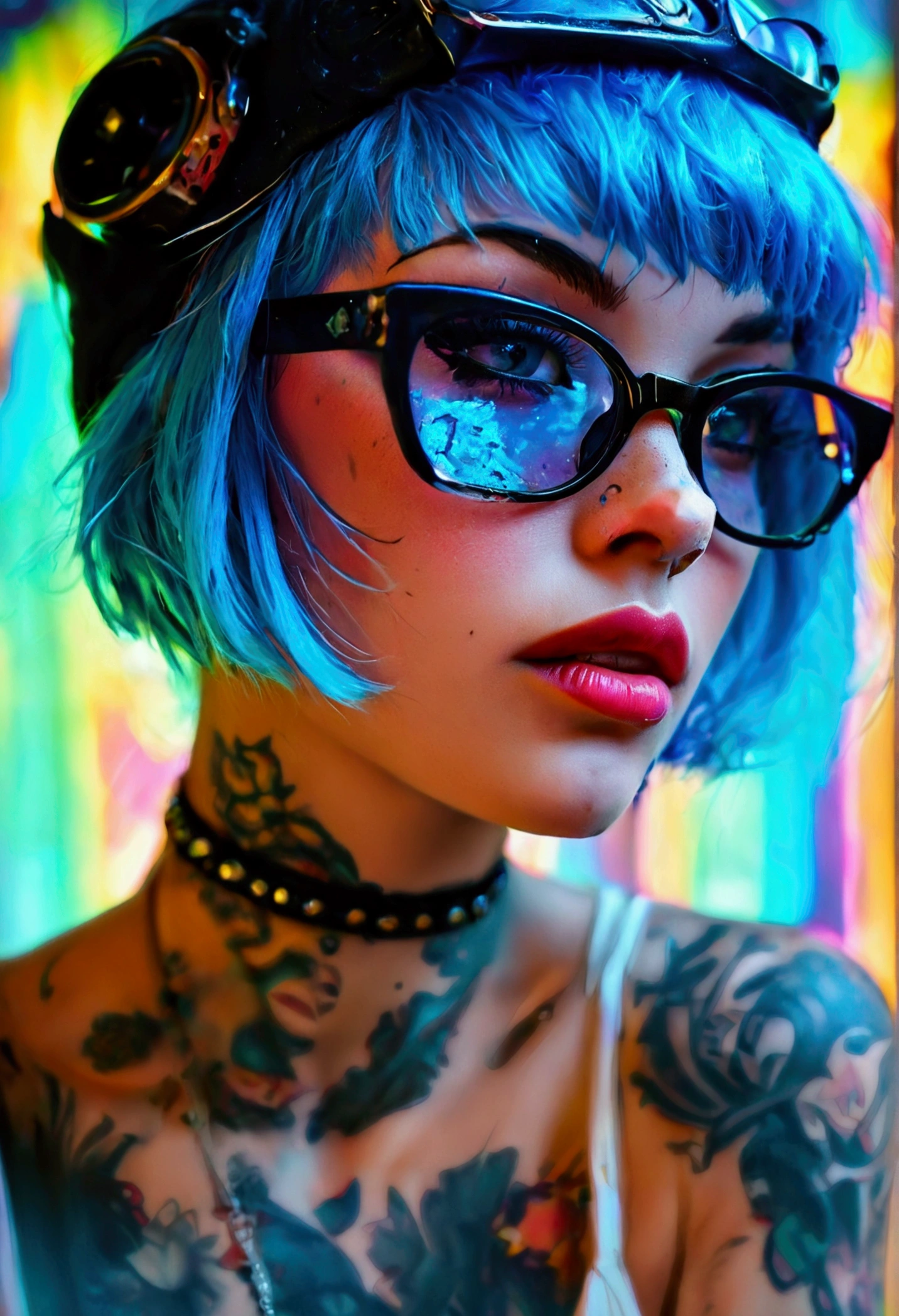 a close up of a woman with blue hair and glasses, inked, tattooed body, inked and colored, tattooed pinup, tattooed, beautiful blue haired girl, with tattoos, black and blue, sexy girl, detailed and sharp, brilliantly colored, sexy look, style of ink, pretty girl with blue hair, blue and black, tattoos, fully tattooed body, seductive cyberpunk dark fantasy