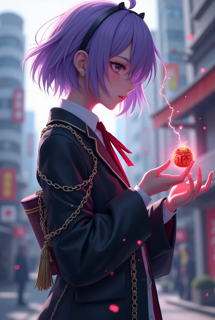 (1 girl:1.3),Alone,__body parts__, official art, unity wallpaper 8k, ultra detailed, Closeup on face, beautiful and aesthetic, gorgeous, masterpiece, Best Quality, fantastic atmosphere, Soothing palette, calm mood, Soft shading, miko priestess, charm spell, family talisman, priestess duties, dark aesthetic, Suit and tie with black leather shorts with many chains around the body and a black leather jacket., The city of Tokyo in the background, (short messy purple hair),