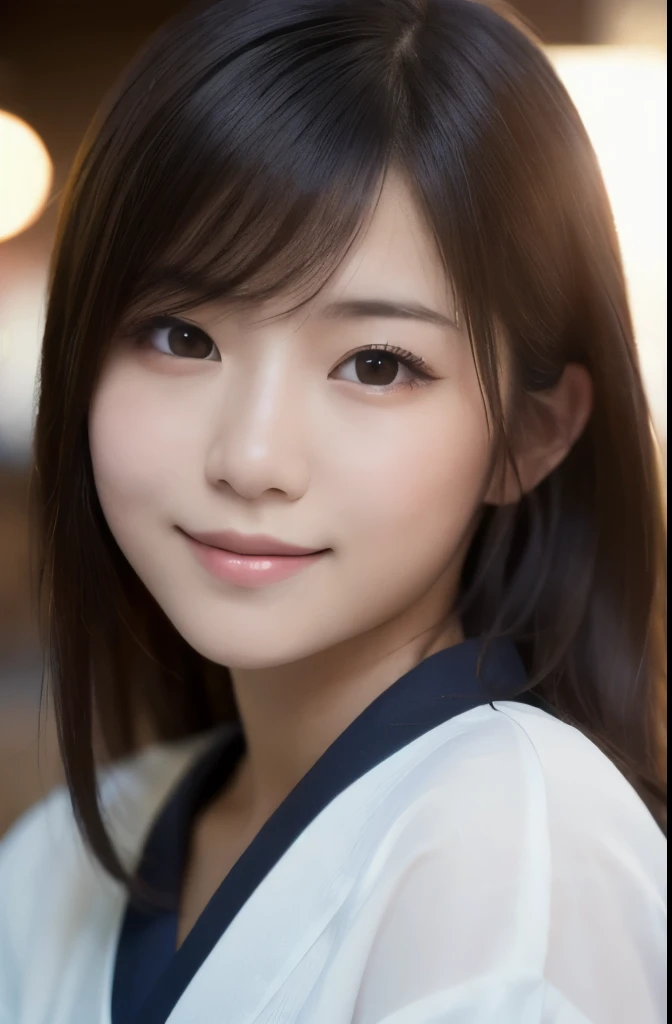 best quality, face focus, soft light, ultra high res, (photorealistic:1.4), RAW photo,(Shinozaki Ai), (fair skin), kawaii,
1 Japanese girl, solo, cute, smile, (pupil, lights in the eyes),  detailed beautiful face, Medium-sized ,(high resolution detail of human skin texture),(portrait), upper body, Japanese white kimono