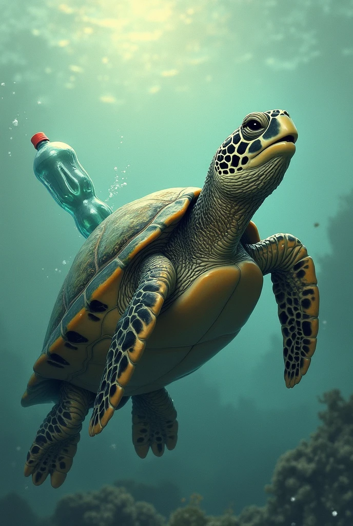 Drawing of a turtle swimming sideways in terror with a plastic bottle in its mouth