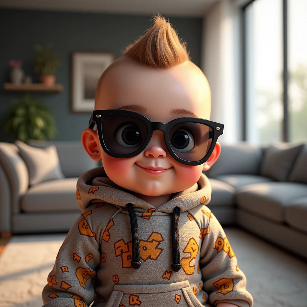 サングラスを少しずらして見るイケイケ赤ちゃん: "Illustrate a hyper-realistic image of a baby with a mischievous grin, wearing oversized sunglasses that it’s pushing down slightly to peer over with an inquisitive look. The baby is dressed in a trendy hoodie with a cool pattern, and the background is a stylish, modern living room with sleek furniture, adding to the smart and sassy personality."