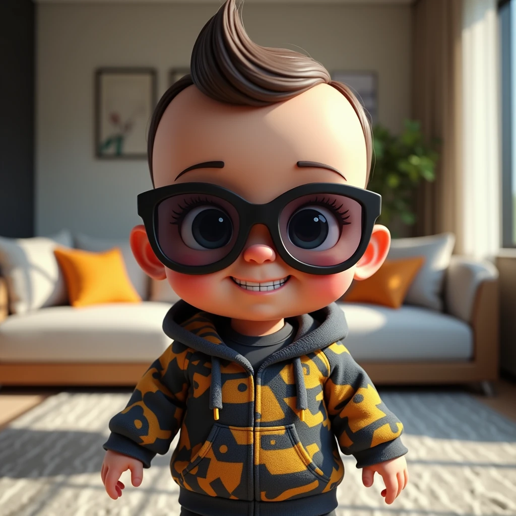 サングラスを少しずらして見るイケイケ赤ちゃん: "Illustrate a hyper-realistic image of a baby with a mischievous grin, wearing oversized sunglasses that it’s pushing down slightly to peer over with an inquisitive look. The baby is dressed in a trendy hoodie with a cool pattern, and the background is a stylish, modern living room with sleek furniture, adding to the smart and sassy personality."