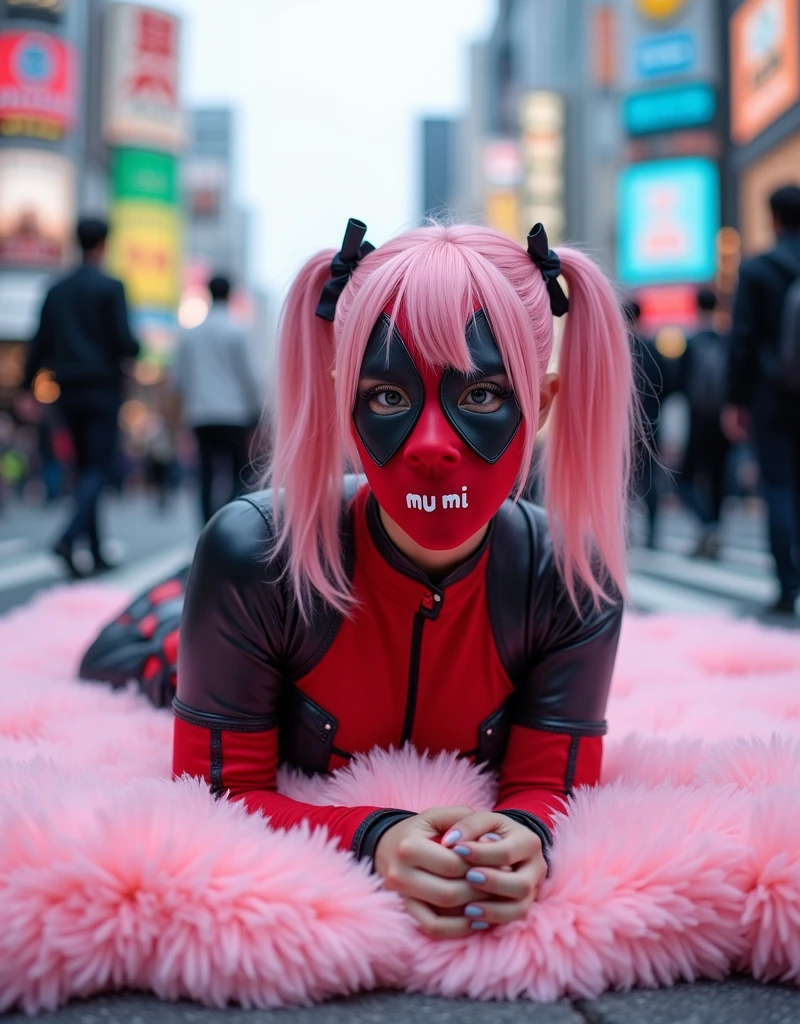 ((Highest quality)), ((masterpiece)), (photograph), ((Japanese women)), ((Deadpool costume and mask)), (((The word &quot;mu mi&quot; is written in white letters on the mouth.))), Deadpool woman with pink hair and twin tails, Lying on a fluffy pink bath mat at Tokyo&#39;s Scramble Crossing, Surrounded by passers-by, (from side),