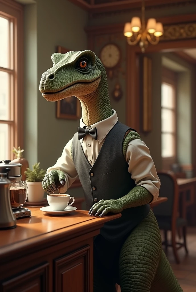 A T-shaped dinosaur wearing a vest and bow tie stands behind the counter of a classical cafe.、The staff will hand you a cup of drip-brewed coffee at a leisurely pace.、From diagonally ahead