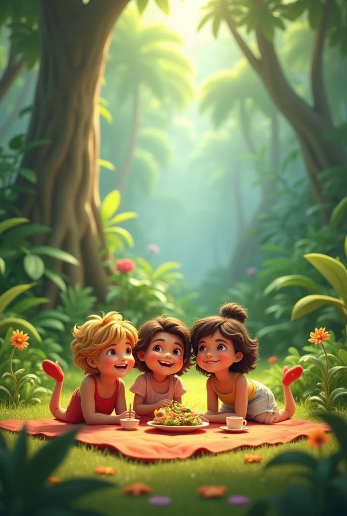 In 3d animation style"The final scene shows the three friends sitting together in a beautiful part of the jungle, sharing new food and enjoying a happy and peaceful picnic, with big smiles on their faces"