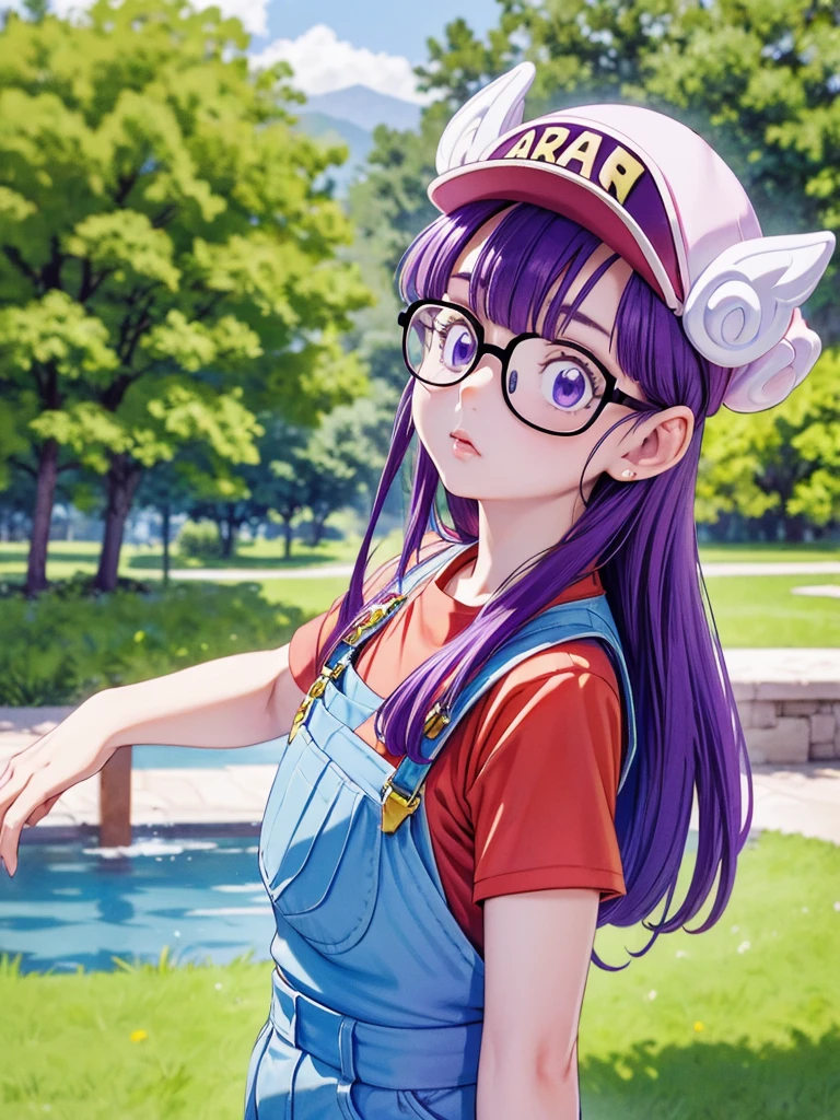 masterpiece, highest quality, Very detailed, 16k, Ultra-high resolution, Cowboy Shot, Detailed face, Perfect Fingers, One girl, Garden of the mansion, arale, glasses, blue eyes, long hair, purple hair, short sleeves, hat, cap, red shirt, blue overalls