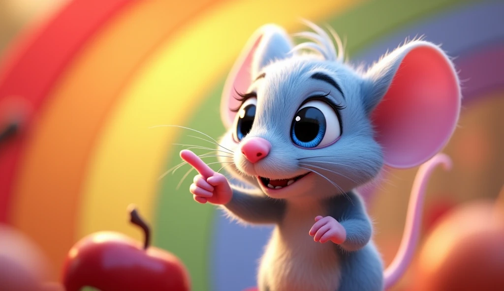 A 3D animated close-up of the red section of the rainbow with Fiby holding or admiring a red apple. Fiby, a small light blue mouse with pink details on its nose and the inside of its large, round ears, is smiling and pointing at the red section of the rainbow. The red apple’s color matches the rainbow’s red band. Fiby’s big, round, and vibrant blue eyes are gleaming with excitement, and its pink tail curls slightly upward. Pixar-Disney style, DIGITAL ART