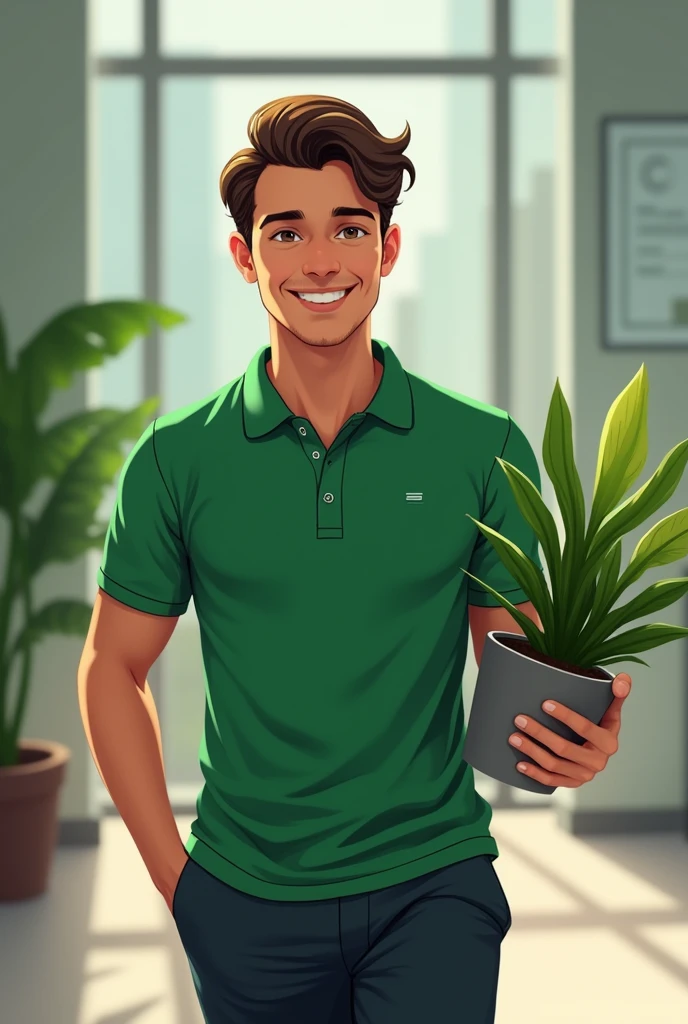 refreshing Early 20s male Center Part, wearing green polo neck shirt, in a corporate office, carrying an office plant around the office