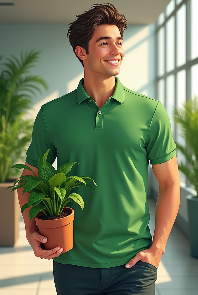 refreshing Early 20s male Center Part, wearing green polo neck shirt, in a corporate office, carrying an office plant around the office