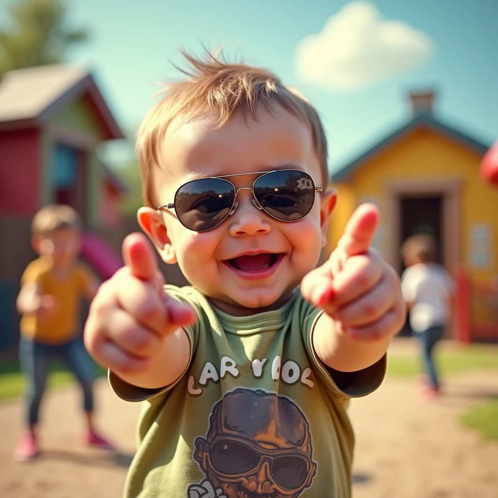 指で銃を作っているイケイケ赤ちゃん: "A detailed and realistic close-up of a baby wearing tiny, reflective aviator sunglasses, playfully pointing finger guns at the camera with a big smile. The baby is dressed in a cool onesie with a fun graphic print, and the background is a vibrant playground with other children playing, emphasizing the energetic and playful spirit."