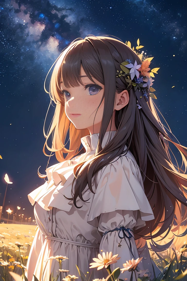 A girl on a meadow,Stars twinkling in the sky,Shining Star,milky way,full moon,I look up and see,Wildflowers are in full bloom,Pure World,masterpiece,Highest quality,最高masterpiece,Detailed anime art,Digital Art,