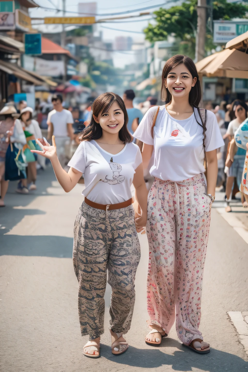very wide full body shot of an asian slightly thick size girl in her 20s, wearing a white tshirt and a elephant print long pants, thailand streets in the background, smiling, stretching one hand out by her side as if she's holding something