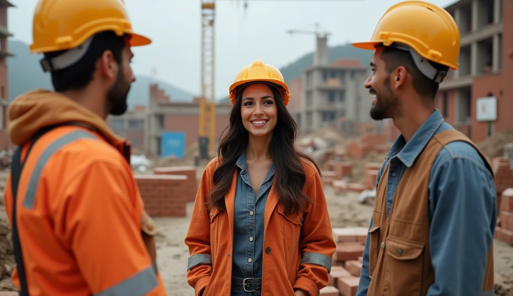 Beautiful Spanish woman, She is an engineer and is on the construction site,wearing work clothes that make her look extremely beautiful and a construction helmet, She is talking to 3 bricklayers who are working on this construction site and they are all smiling, extremely detaild, photoshot_\( ultra\), photoshotrealisitic, realisitic, Post-processing, Maximum details, roughness, real-life, ultrarealisitic, photoshotrealism, photoshotgraphy, 8k hd, photoshotgraphy