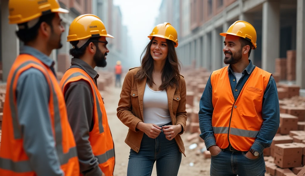 Beautiful Spanish woman, She is an engineer and is on the construction site,wearing work clothes that make her look extremely beautiful and a construction helmet, She is talking to 3 bricklayers who are working on this construction site and they are all smiling, extremely detaild, photoshot_\( ultra\), photoshotrealisitic, realisitic, Post-processing, Maximum details, roughness, real-life, ultrarealisitic, photoshotrealism, photoshotgraphy, 8k hd, photoshotgraphy
