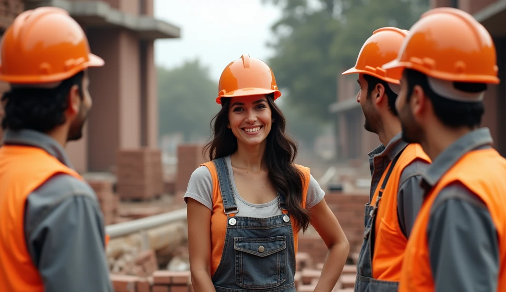 Beautiful Spanish woman, She is an engineer and is on the construction site,wearing work clothes that make her look extremely beautiful and a construction helmet, She is talking to 3 bricklayers who are working on this construction site and they are all smiling, extremely detaild, photoshot_\( ultra\), photoshotrealisitic, realisitic, Post-processing, Maximum details, roughness, real-life, ultrarealisitic, photoshotrealism, photoshotgraphy, 8k hd, photoshotgraphy