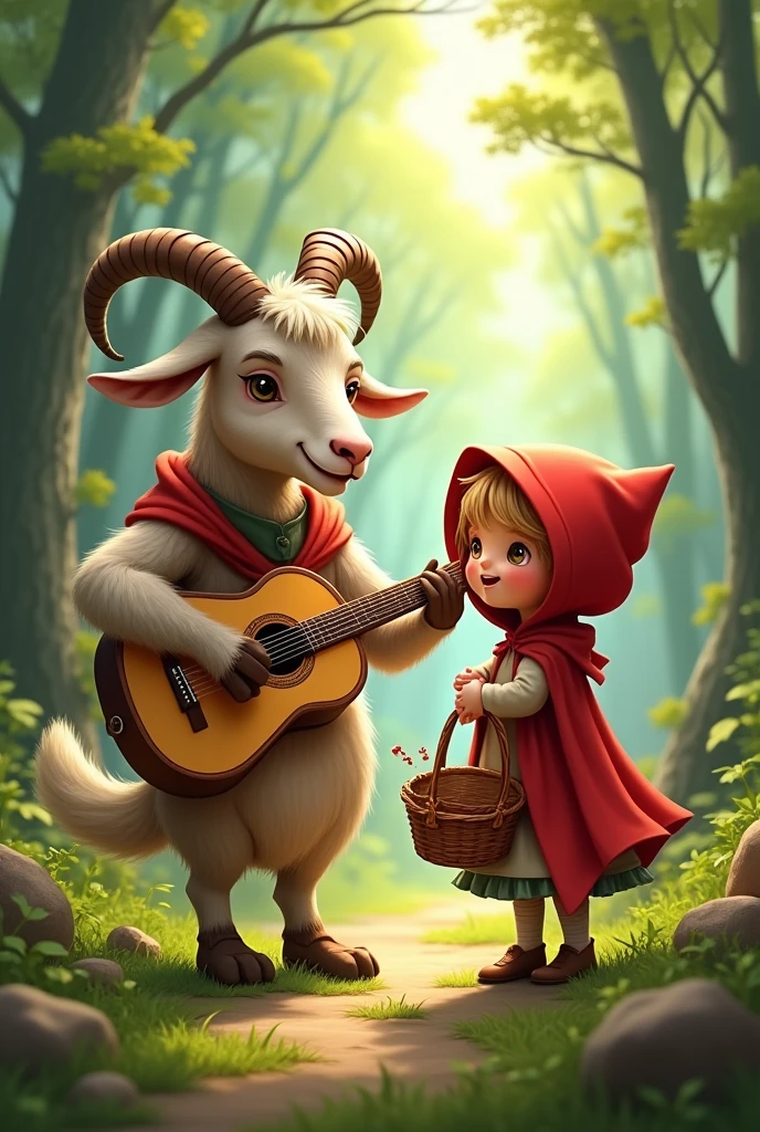 Goat playing guitar with Little Red Riding Hood