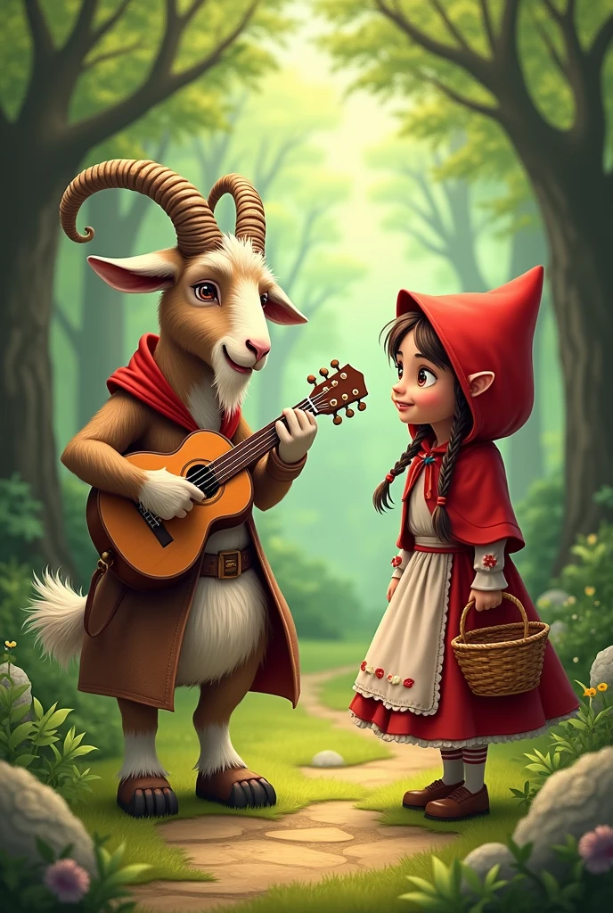 Goat playing guitar with Little Red Riding Hood 