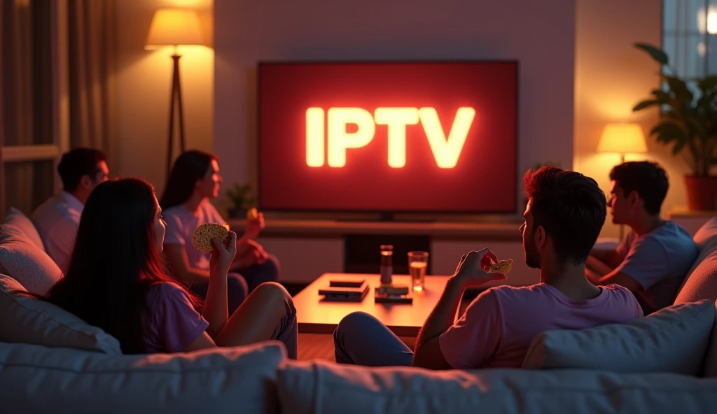 A group of people sitting comfortably in a modern living room watching television. The TV screen prominently displays the word 'IPTV' in bold, glowing letters in English. The room is warmly lit with a cozy atmosphere, featuring contemporary decor with a stylish sofa, cushions, and a coffee table. The people are relaxed, some with snacks in hand, and appear to be enjoying the IPTV streaming experience.