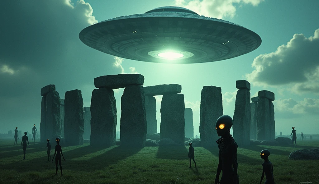 create a thumbnail for YouTube with the image of Stonehenge surrounded by aliens and with a spaceship on top, image in Ultra realistic style.
