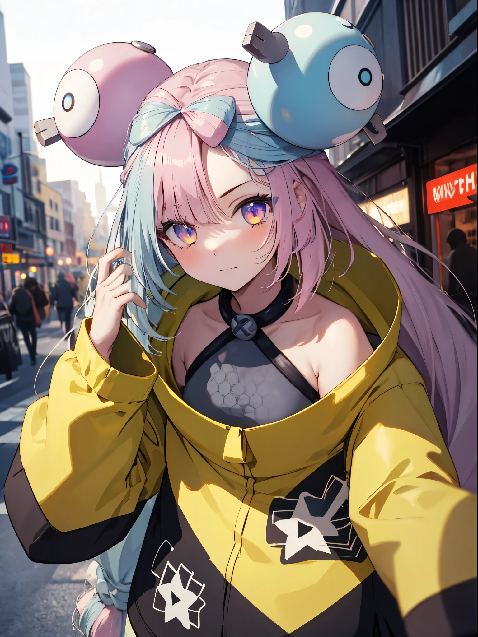 masterpiece, Highest quality, Perfect Face, Highest Resolution, Highest quality,Detailed depiction of the eyes, 8k, One Girl, Long Hair, Yellow Jacket, Long sleeve, hair ornaments, Future City, neon street