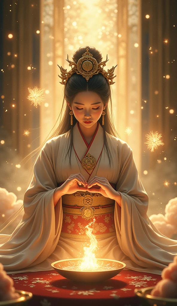 Fortune telling,Japanese Goddess,Upper Body,Background is God々Shining, Size 9:16 Vertical