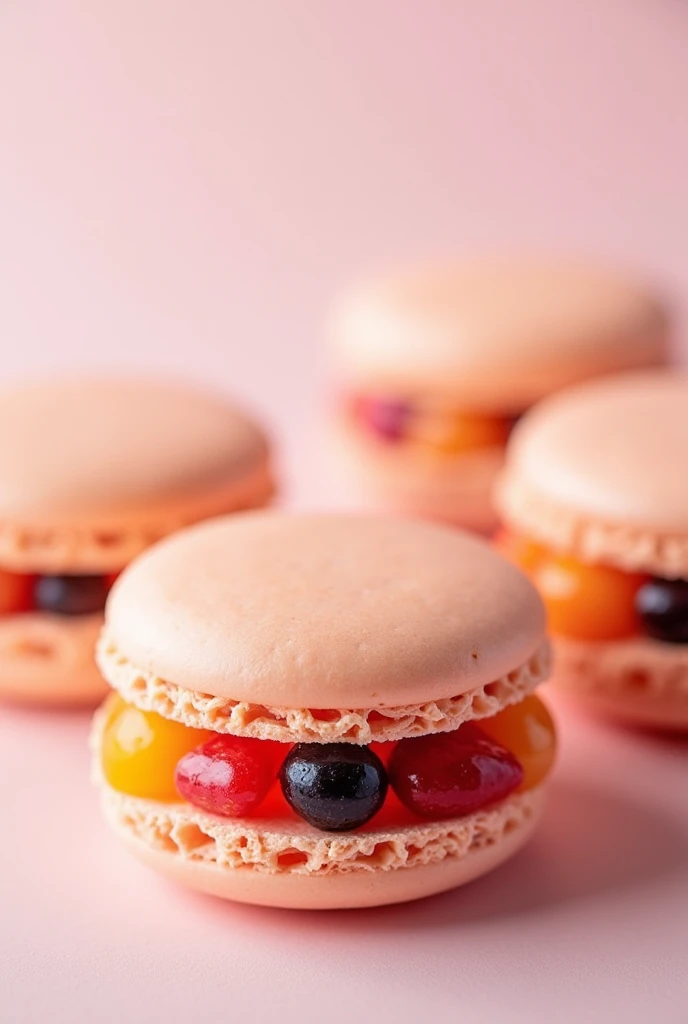 Flower shaped macarons with fruit cream filling (clear view of the ice cream with fruit)