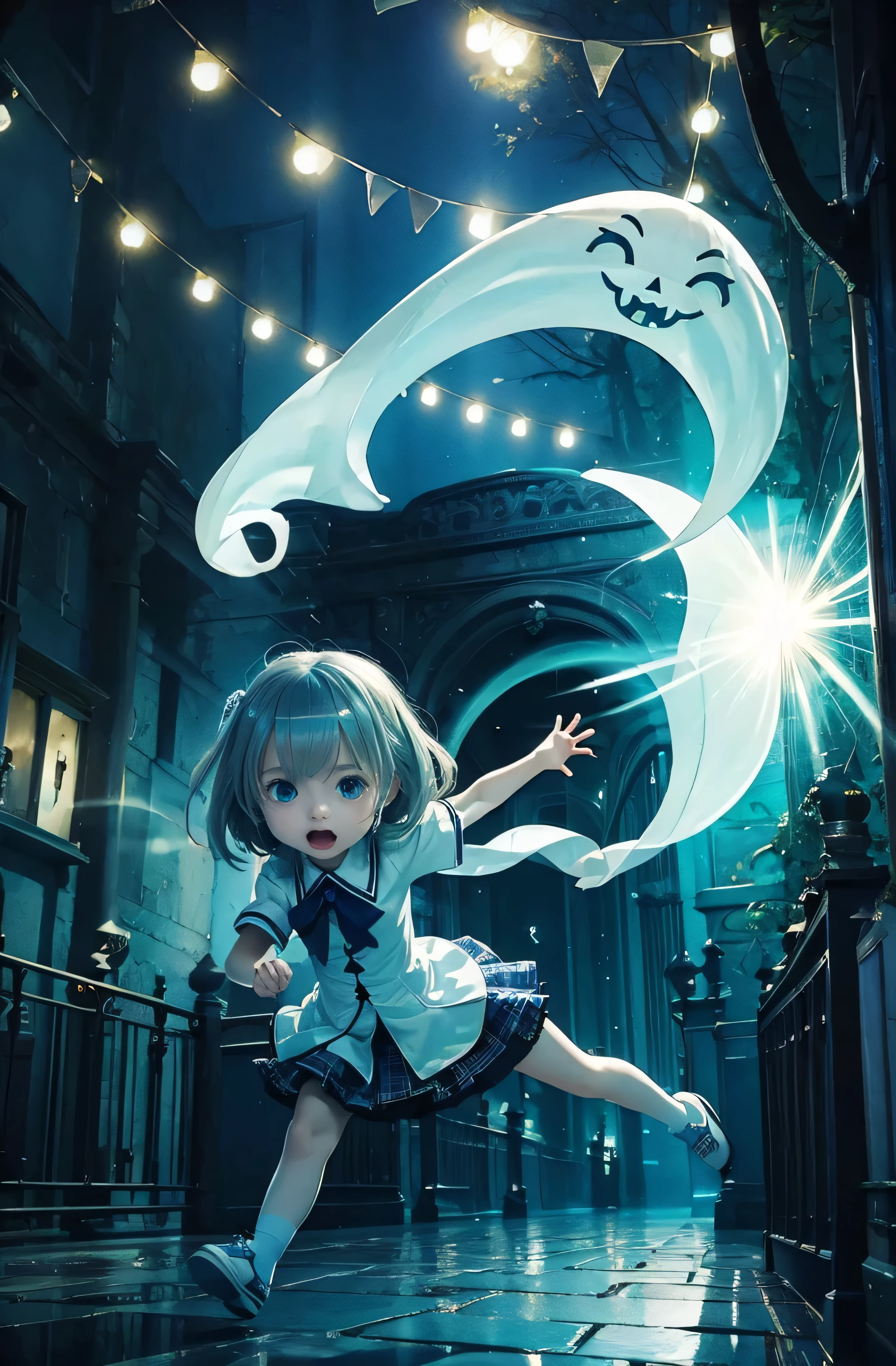 (masterpiece, Highest quality:1.2), 8k, Young and beautiful, RAW Photos, Baby Face, (Detailed Background:1.2), masterpiece, Highest quality, High school girl running at full speed, cry, shout, (Haunted theme parks:1.1), BREAK haunted by cute chibi ghosts, cute, Whimsical, Shine, Shineing, fun, Stupid, Mysterious, Magic, Mysterious, funny, interesting, (Intricate details:1.2)
