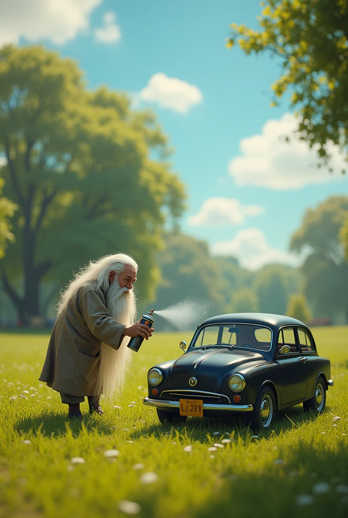 Create me an image of a short person with a long beard, that is painting with a spray can of paint, a mid-range black car, in the middle of a field between trees