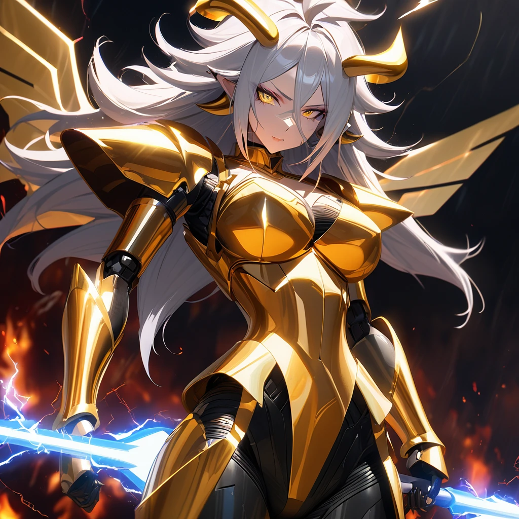 (((Golden Spear))), ((Lightning Power)), ((Electricity)), ((Fire Background)), (((android 21 Evil))), (((white Coat))), (((Darkness power))), (((Busty))), luxury bustier corset, ((silver hair)), (((Very slim waist))), propotional body, ((Gorgeous)), ((gold wings)), masterpiece, hyperdetail, ambient effect, digital effect, (((Fire Spear))), (((Lightning Spear))), (((Fire Gold Armor))), ((Lightning Gold Wings)), ((Fire Demon Horns))