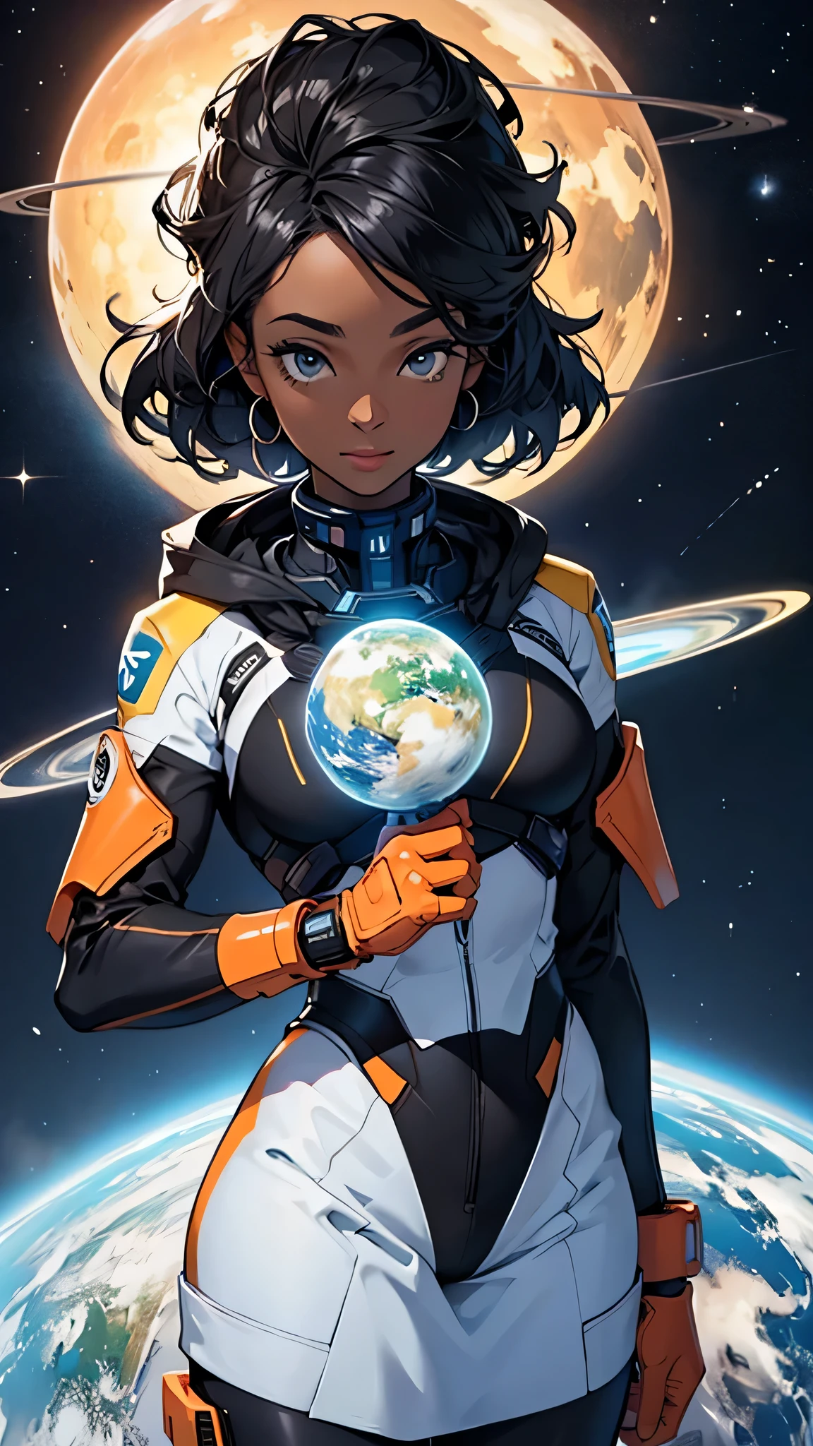 black female science presenter looking at camera with planets in background