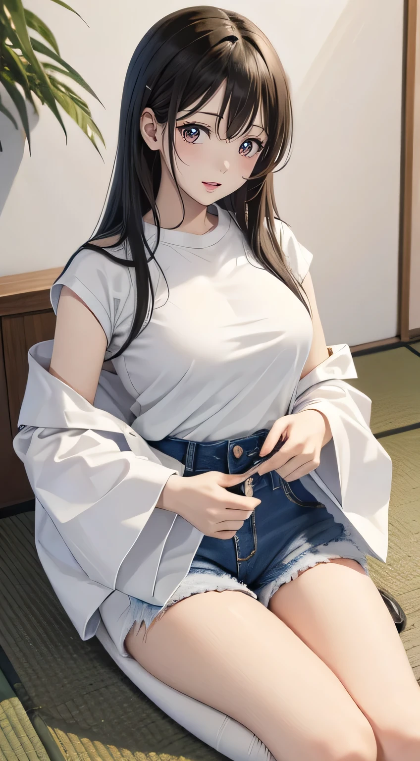 ((fear))、Young Japanese idol girl with long black hair, (Ample breasts). He is wearing a short-sleeved white T-shirt and denim shorts