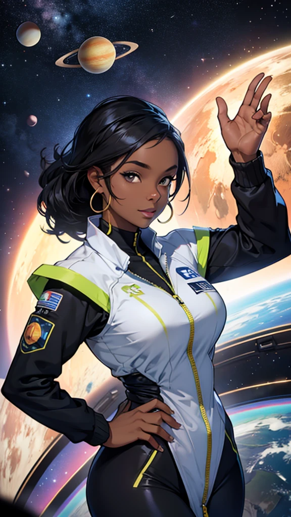 black female science presenter looking at camera with planets in background