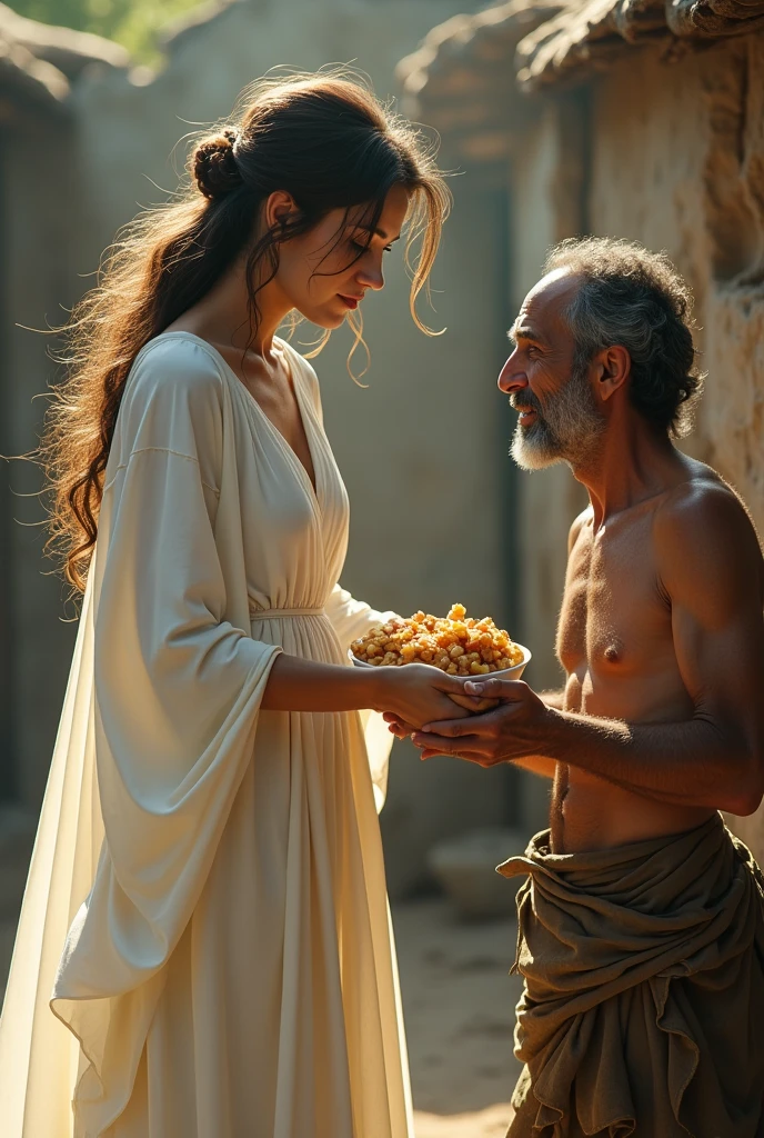 the woman in white dress gives the food to the hungry man