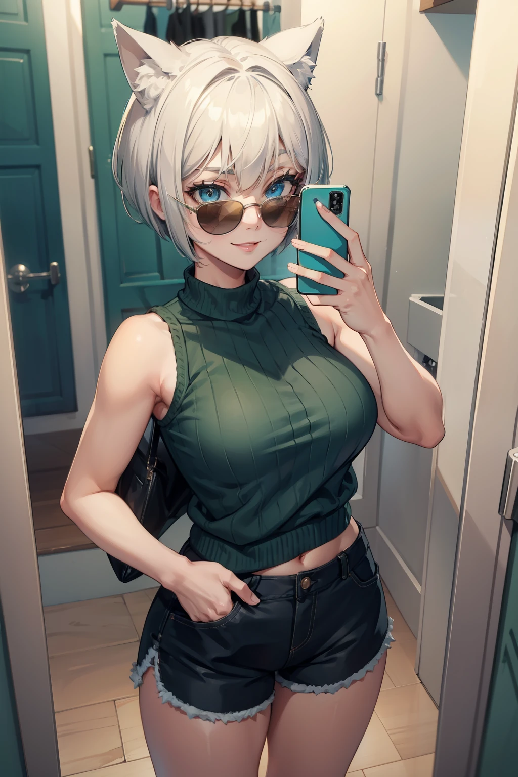 (masterpiece), (best quality), (High quality), high resolution, BREAK expressive eyes, perfect face, 1girl, grey cat ears: 1.5, medium hair, grey hair, pixie cut, BREAK, (big eyes, perfect eyes, blue eyes, thick eyelashes, thin eyebrow, BREAK short height, slim bulid, happy smile, medium breasts, BREAK green cropped sweater: 1.4, sleeveless, black shorts: 1.4, stylish sunglasses, BREAK standing, cowboy shot, full body, view from above, (changing room), mirror selfie with phone, looking at the phone