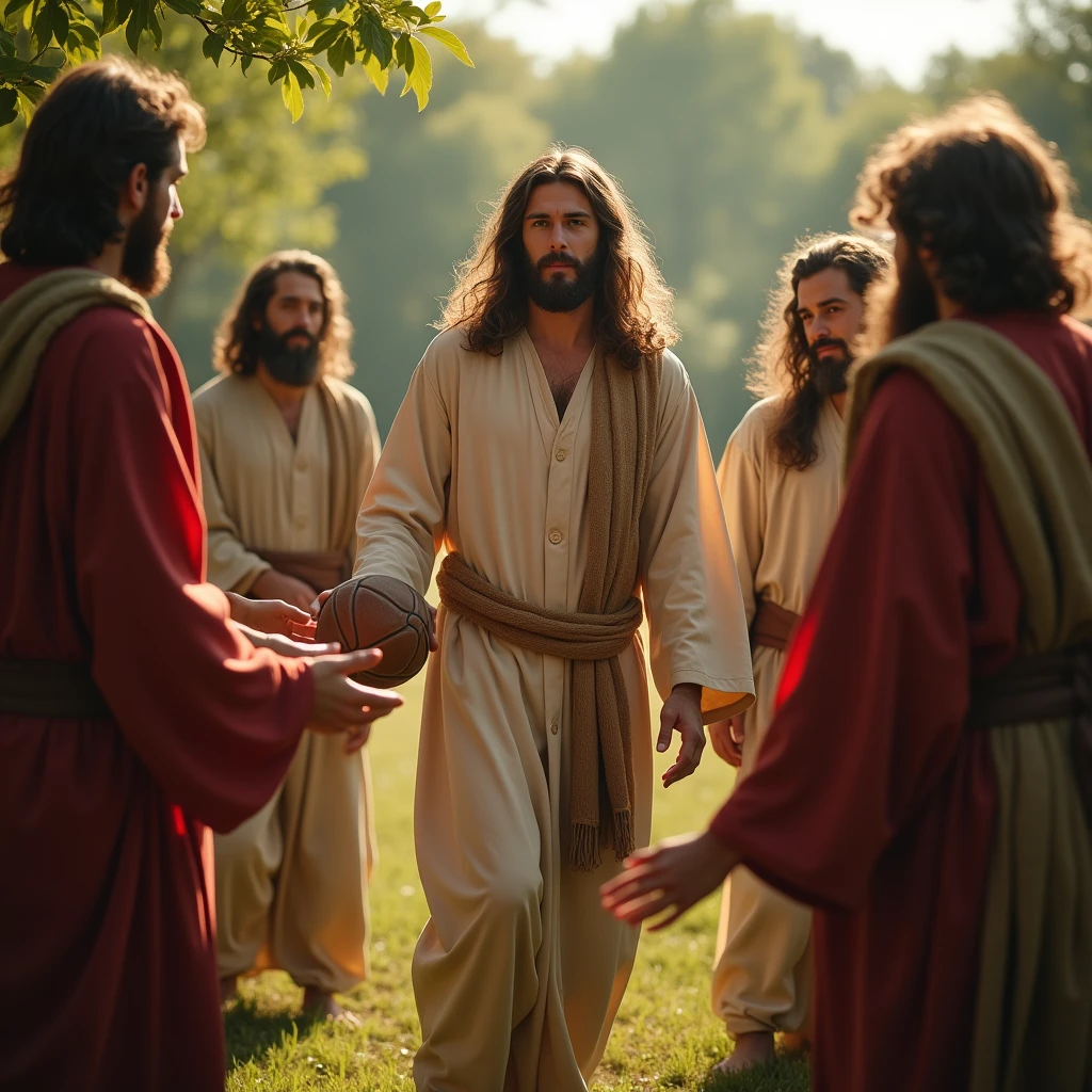 jesus playing hacky sack with his disciples, photo realistic