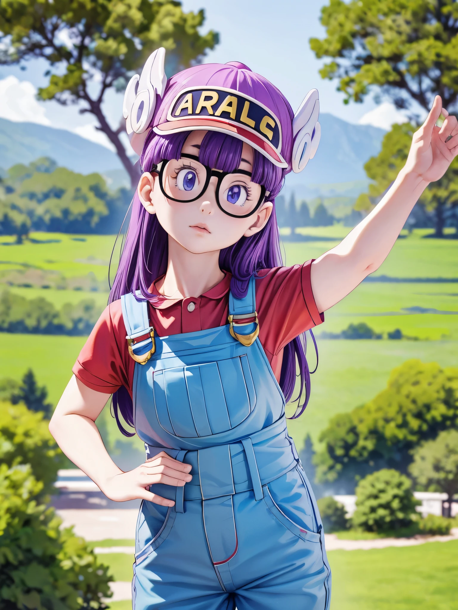 masterpiece, highest quality, Very detailed, 16k, Ultra-high resolution, Cowboy Shot, Detailed face, Perfect Fingers, One  girl, Garden of the mansion, arale, glasses, blue eyes, long hair, purple hair, short sleeves, hat, cap, red shirt, blue overalls