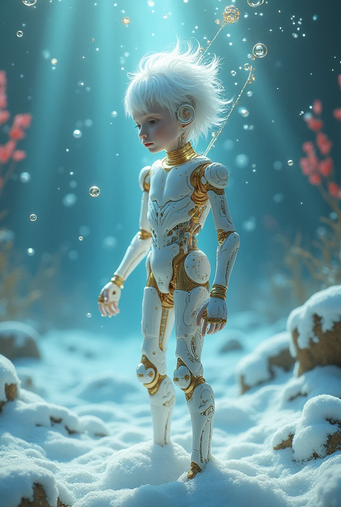 Model shooting style, scene under snow，Translucent ethereal mechanical boy，Gold and silver all over，Mechanical joints，digital eyes，perspective rear view，Underwater translucent close-up,A colorful scene, Beautiful Milky Way in the background，Art bud, shattered glass, ((Bubble Snow Scene)) ，Radiant Octane render in great detail,　photography：Brandon Woelfelmist，surreal dreamscape，Surrealist art fantasy style，Epic digital fantasy art style，lute，HDR，Beautiful Sci-Fi Art, Sci-fi digital art illustration, Digital Cyberpunk Art, Science Fiction Digital, Futuristic numbers, Futuristic Concept Art, Sci-fi suspension cyberpunk, Cyberpunk Atlantis Landscape, Science Fiction Digital艺术, 高级Digital Cyberpunk Art, Dreamy cyberpunk man(best quality,4K,8K,high resolution,masterpiece:1.2), (Practical,Reality,Photo-real:1.37). information,