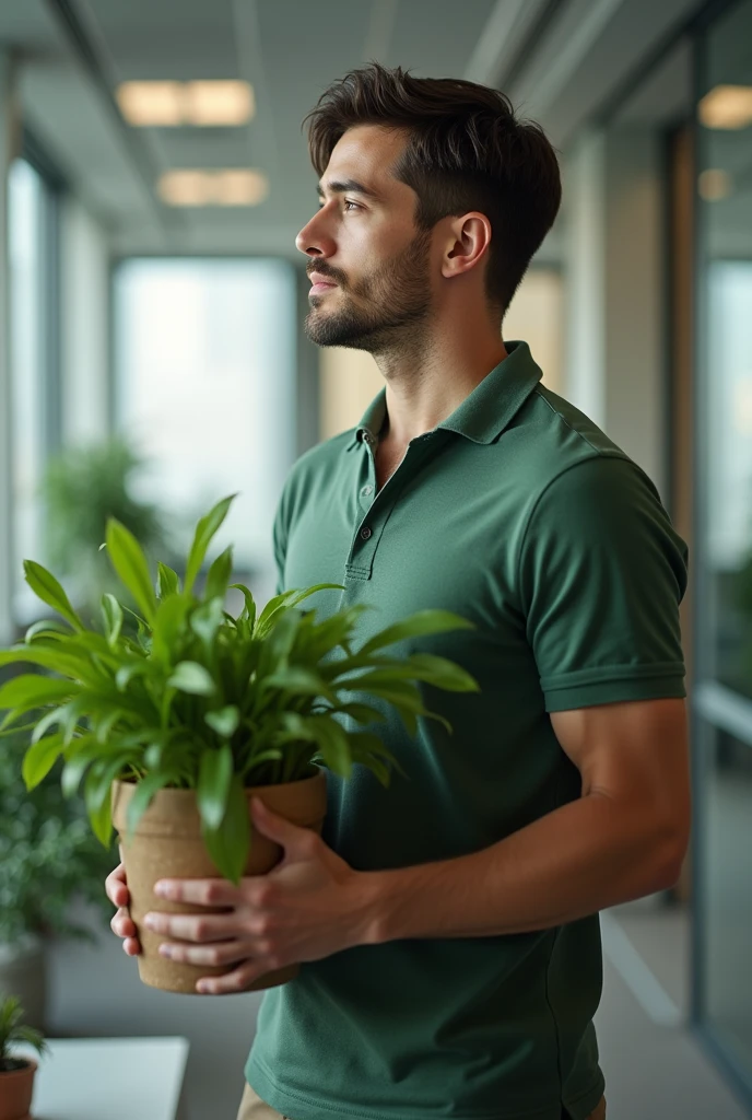 refreshing　Early 30s　male　Center Part, looking at an office plant, wearing green polo neck shirt, in a corporate office, carrying a plant