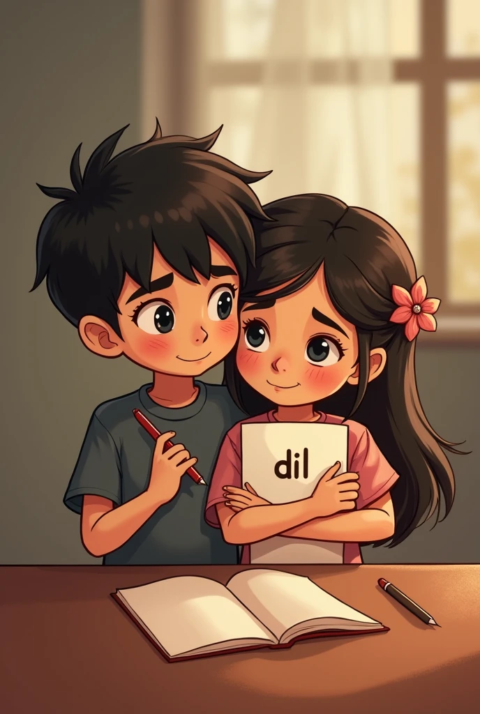 A boy and a girl are sitting on a table and the boy has a pen in his hand and And the girl has kept the paper with "Dil" written on it tightly glued to her chest