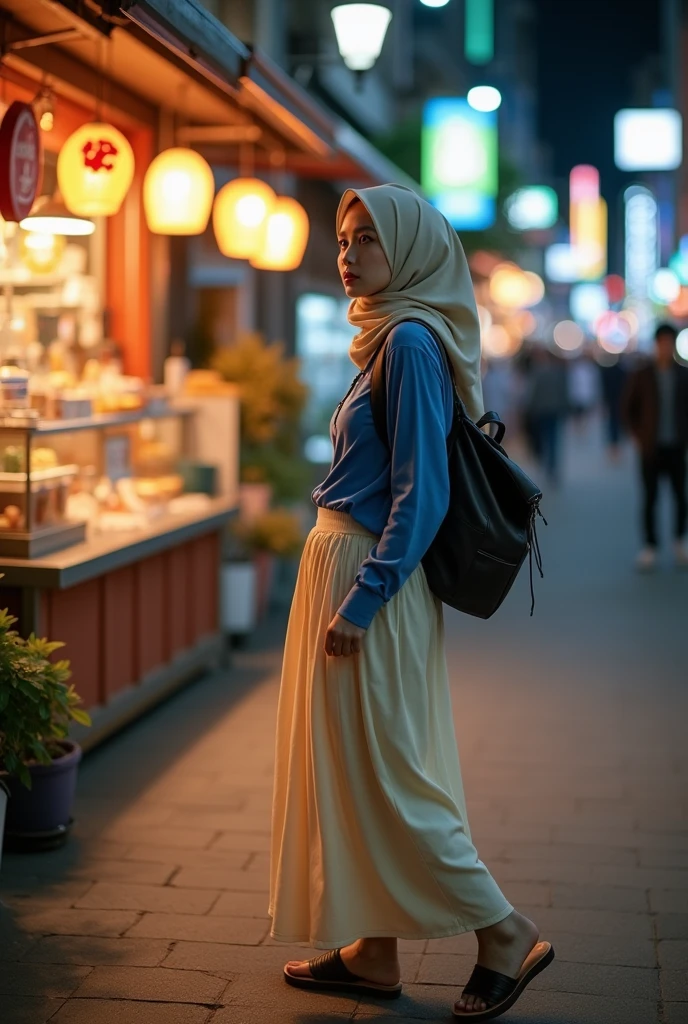 "A candid photograph of a beautiful Asian woman wearing a faded cream hijab, a long-sleeved blue shirt, a backpack, a long cream skirt, and sandals. She is walking and looking towards a shop in Itaewon, Korea, at night."