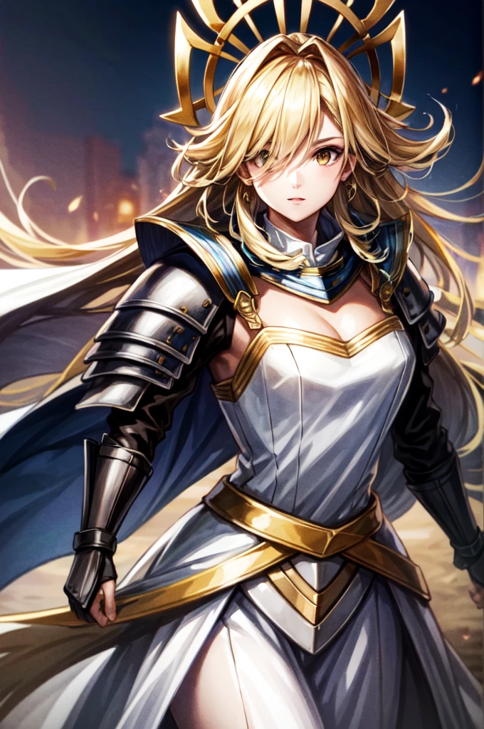 earing armor One adult female, beautyful knight, wearing heavy armor, wearing white dress, Long Hair, blonde hair, golden Eyes, Light makeup, tite waist, full body, hair over eye, anime, cinematic lighting, cowboy shot, UHD, retina, masterpiece, accurate, anatomically correct, textured skin, super detail, high details, high quality, award winning, best quality, highres, 8k