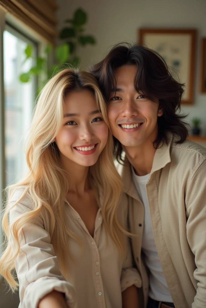 Yoona with long blonde hair is taking a selfie with siwon in the room