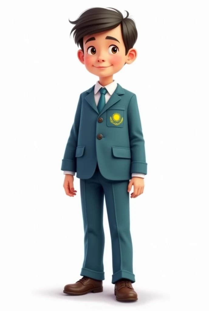 ((officially)) ((masterpiece)) ((Best quality)) ((detailed)) cartoon boy boy in school uniform with emblem flag of Kazakhstan on pocket on white background in full growth