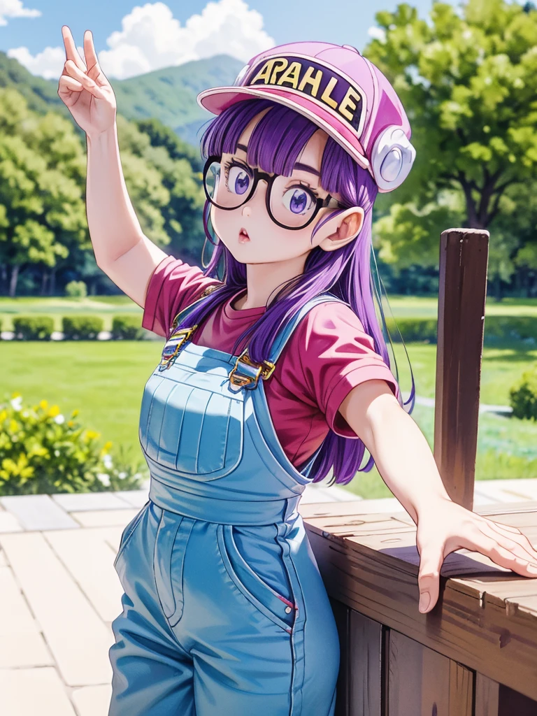 masterpiece, highest quality, Very detailed, 16k, Ultra-high resolution, Cowboy Shot, Detailed face, Perfect Fingers, One girl, Garden of the mansion, arale, glasses, blue eyes, long hair, purple hair, short sleeves, hat, cap, red shirt, blue overalls