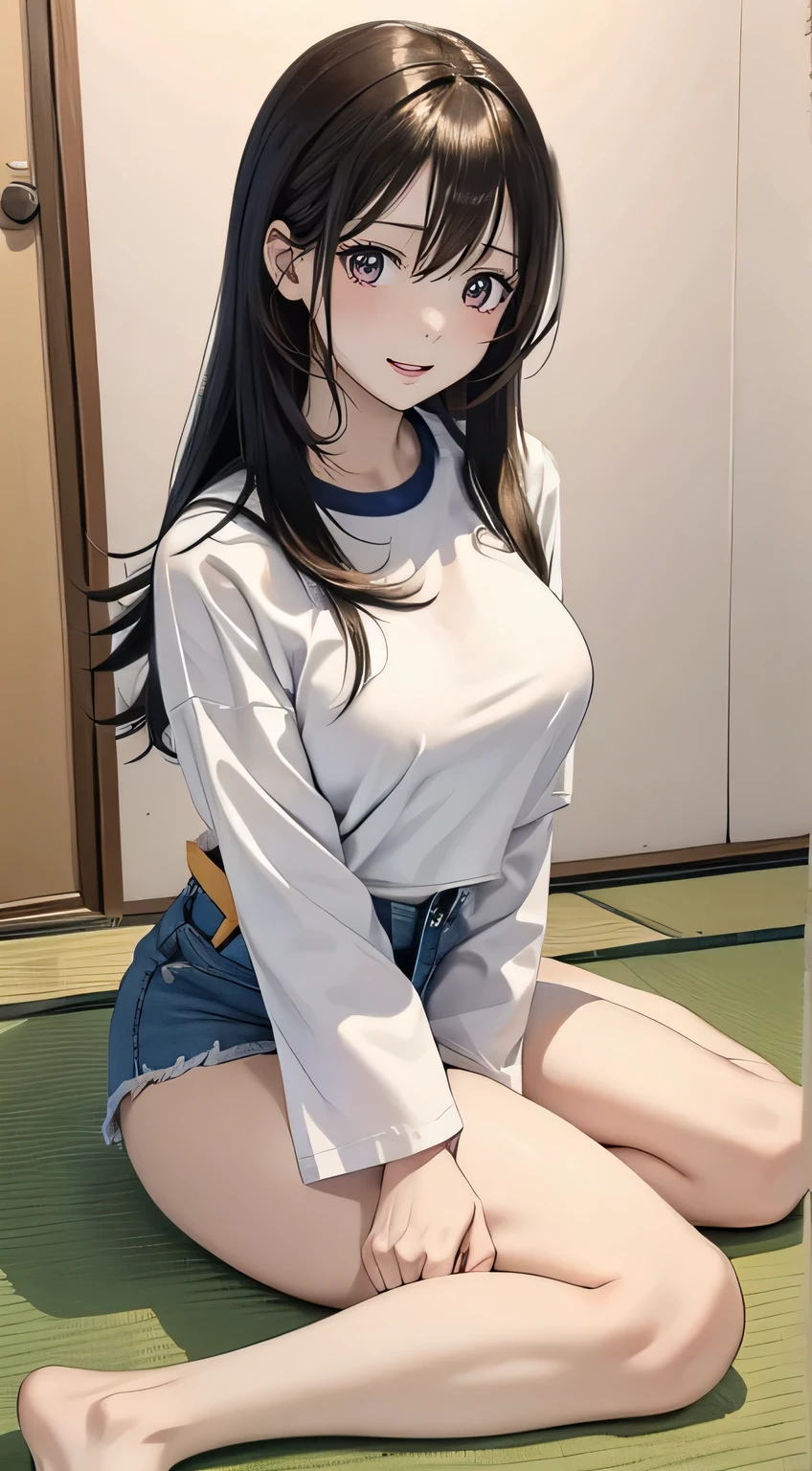 ((fear))、Young Japanese idol girl with long black hair, (Ample breasts). He is wearing a short-sleeved white T-shirt and denim shorts