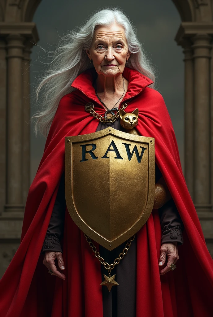 I want an 80 year old woman with a red cape with a gold shield that says RAW long gray hair with a cat chain