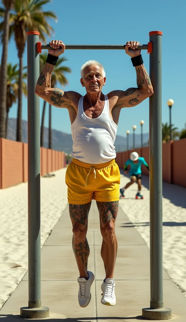 (Photorealistic real image, an extremely muscular elderly Spanish lady with very wrinkled skin, she is hanging from a metal exercise bar doing chin ups, her face is overexerted, they have a tough attitude, in a weight training area on the beach in Malibu, palm trees , beach sand cement, with tattooed arms, white tank top, yellow silk shorts, black sports wristbands, with white sneakers, the floor is cement with areas of beach sand, street lamps, bright colors, walls of brick, lighting with midday light, sunlight plays with the puddles of water and the colors and sweat of the woman, sporty image, colorful atmosphere. very old lady, in the background you can see something skating with bright colors.