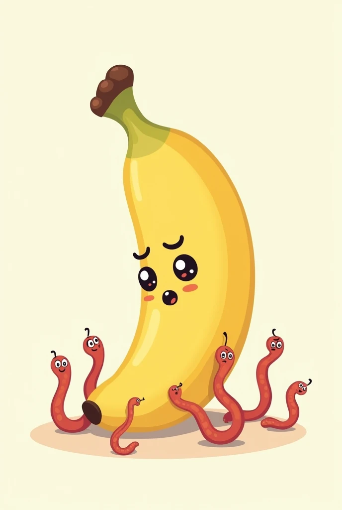 create me a drawing funny banana that's easy to illustrate, now add plenty worms around it, the banana is getting uncomfy, don't add worms face, now illustrae with worms inside it
