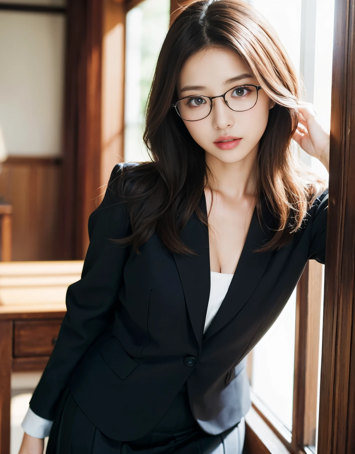 Tabletop、(masterpiece:1.3), (8k, Photorealistic: 1.4, RAW Photos, Best image quality: 1.4), Japanese Idols、Super detailed face、Attention to detail、Genuine、 double eyelid、Big and attractive eyes,Perfectly beautiful eyes、 Sharp focus:1.2、Beautiful woman:1.5、 Light brown hair、 Highest quality、masterpiece、Ultra-high resolution、Depth of written boundary、Perfect Shadow、(Photorealistic:1.4)、 Highly detailed and professional lighting、 Perfectly shaped、Symmetrical face、beautiful girl,Sharp focus, Perfect Anatomy,Realistic Light、business suit、skirt、classroom、Large black-rimmed glasses、realistic glasses、mole under the corner of the eye、